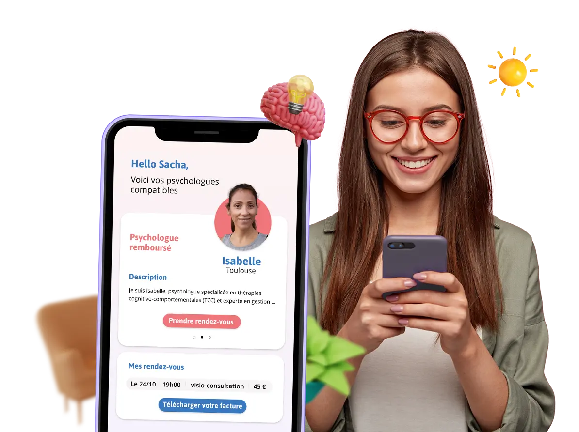 Femme souriant devant l'application domy - Plateforme de mise en relation psychologues patients