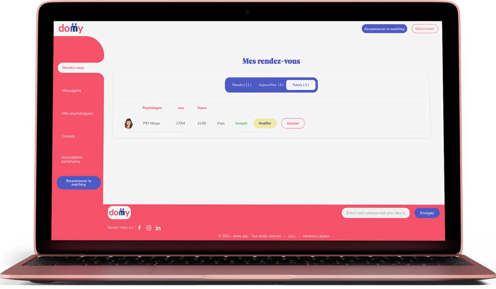 Mockup plateforme mes rdv domy - Plateforme de mise en relation psychologues patients