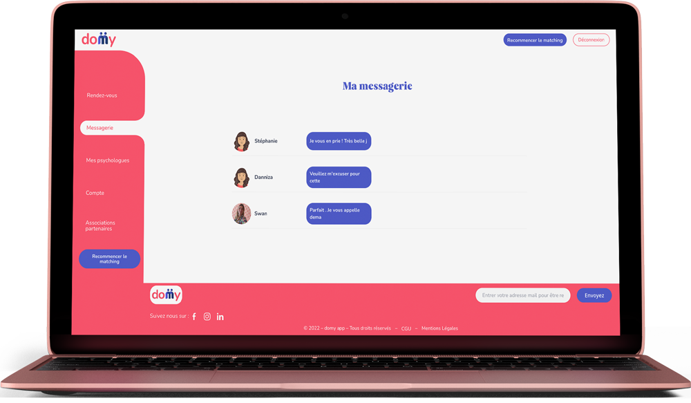 Mockup plateforme messagerie domy - Plateforme de mise en relation psychologues patients